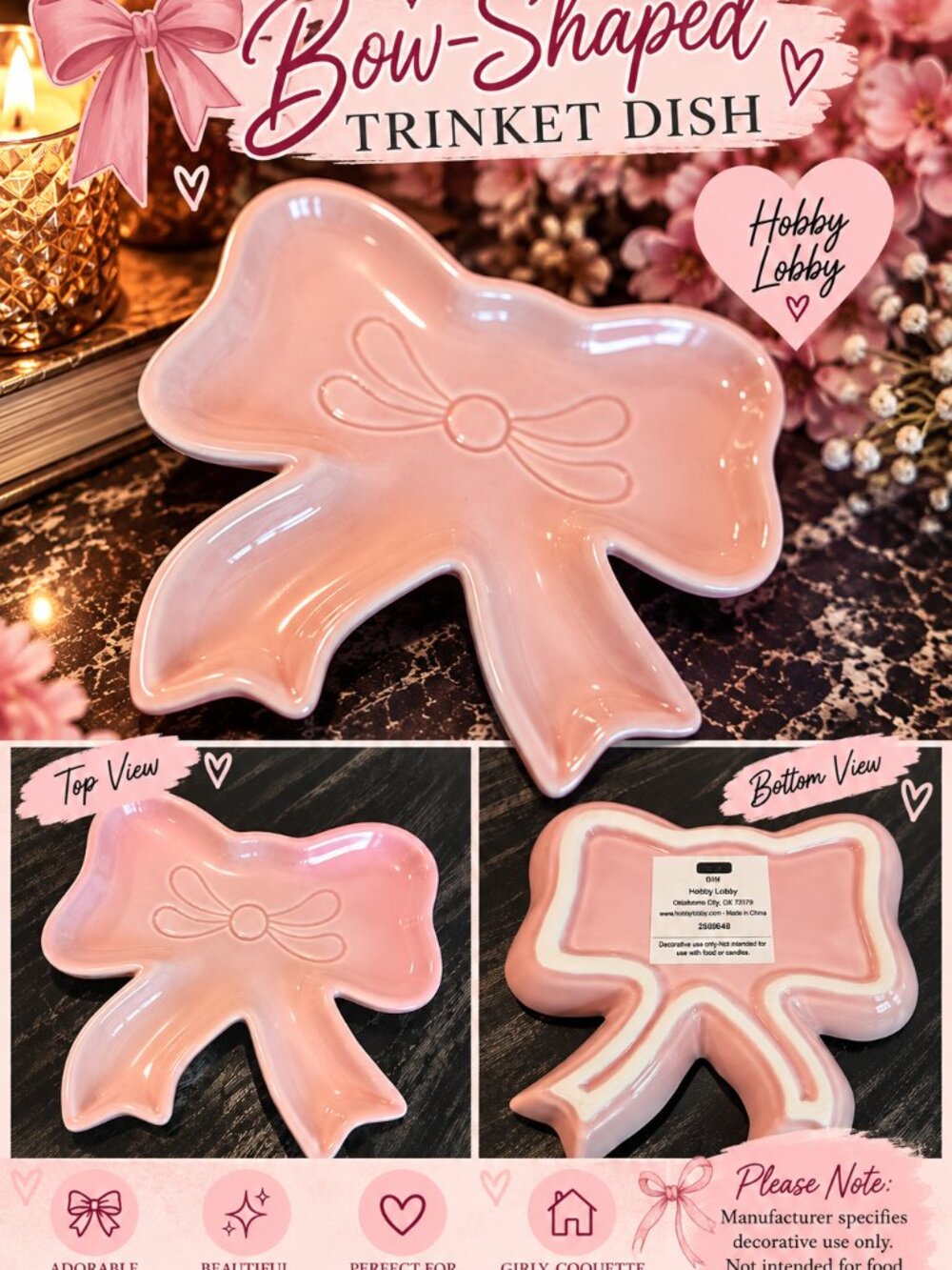 Pink Ceramic Bow-Shaped Decorative Trinket Dish | Hobby Lobby